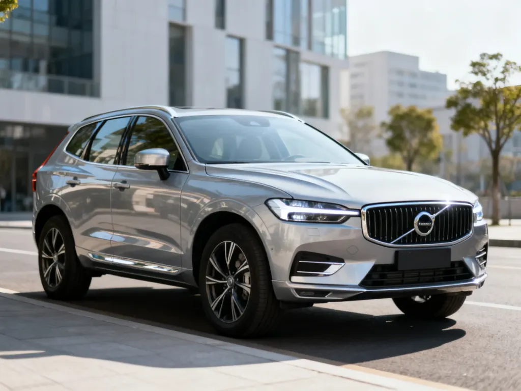 Srebrne Volvo XC60 zaparkowane na miejskiej ulicy, podkreślające nowoczesny design, reflektory LED i eleganckie linie nadwozia.