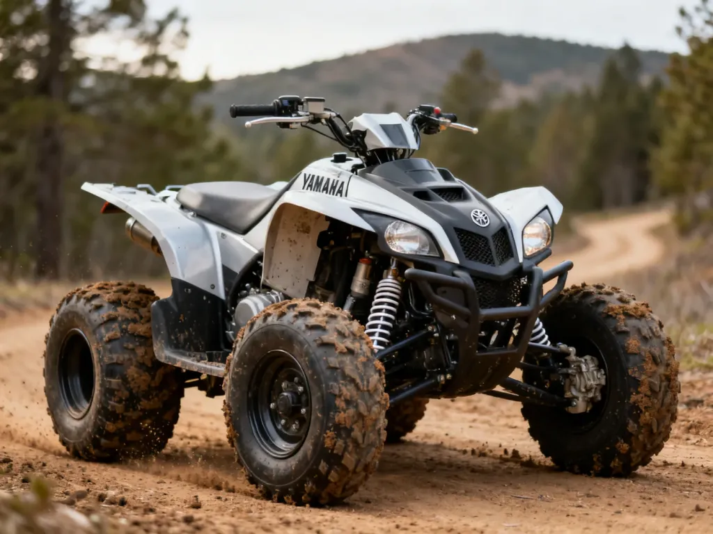 Yamaha Grizzly 700 na leśnym szlaku, widoczny silnik i zawieszenie, podkreślenie możliwości w terenie