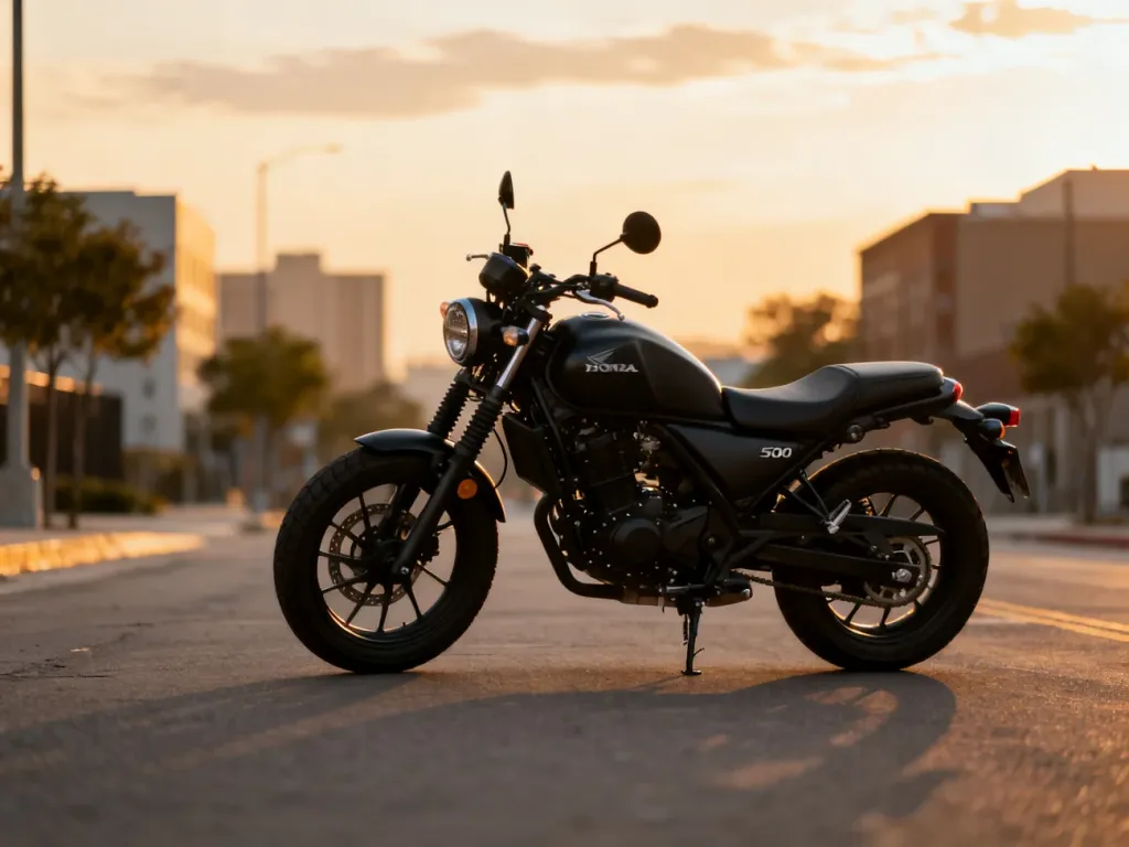 Honda Rebel 500 w matowej czerni zaparkowana na pustej ulicy, w ciepłym świetle zachodu słońca, na tle miasta