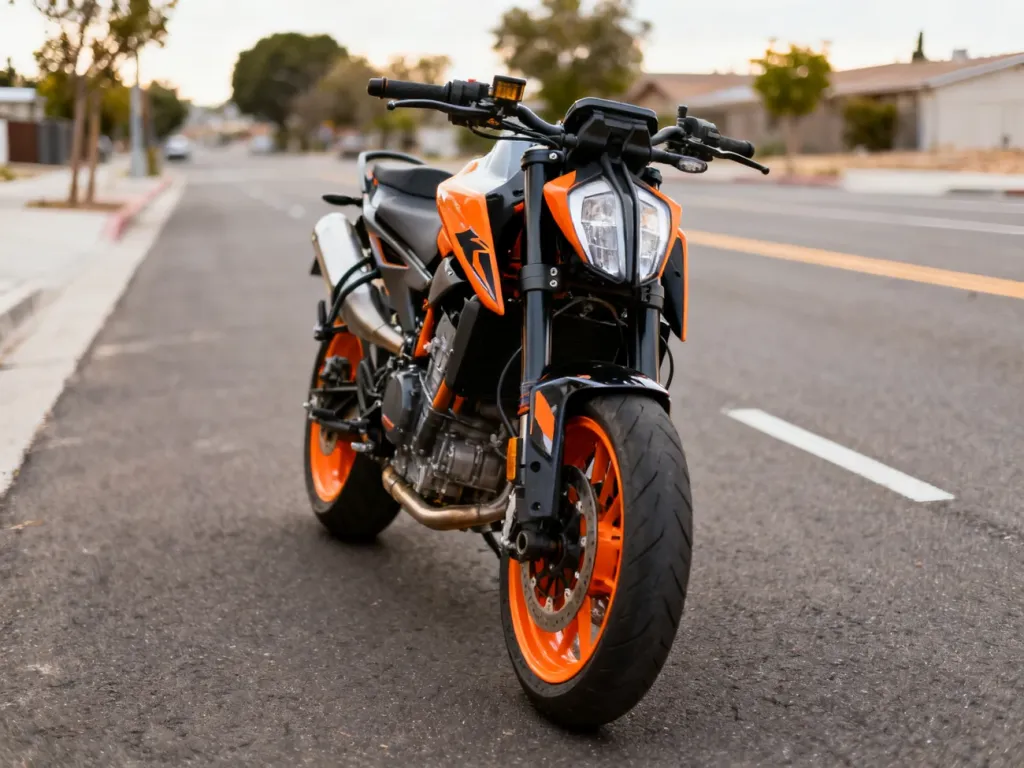 Nowoczesny pomarańczowy naked KTM Duke 125 z przodu na czystej ulicy, podkreślone detale silnika i przedniego koła.