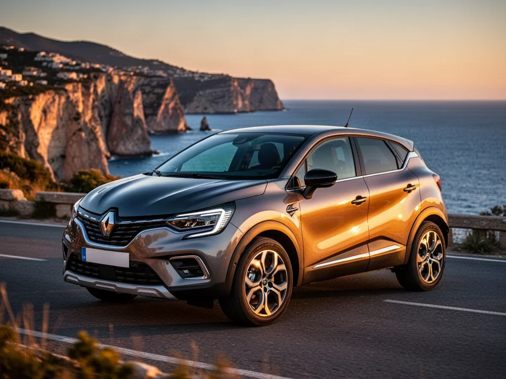 Renault Captur w dwukolorowym nadwoziu zaparkowany na malowniczym wybrzeżu podczas zachodu słońca.
