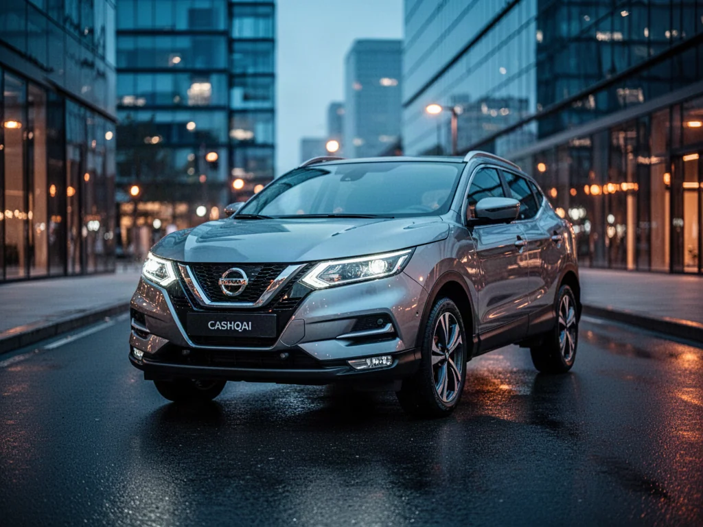 Srebrny Nissan Qashqai II zaparkowany na mokrej nawierzchni w nowoczesnej scenerii miejskiej o zmierzchu.