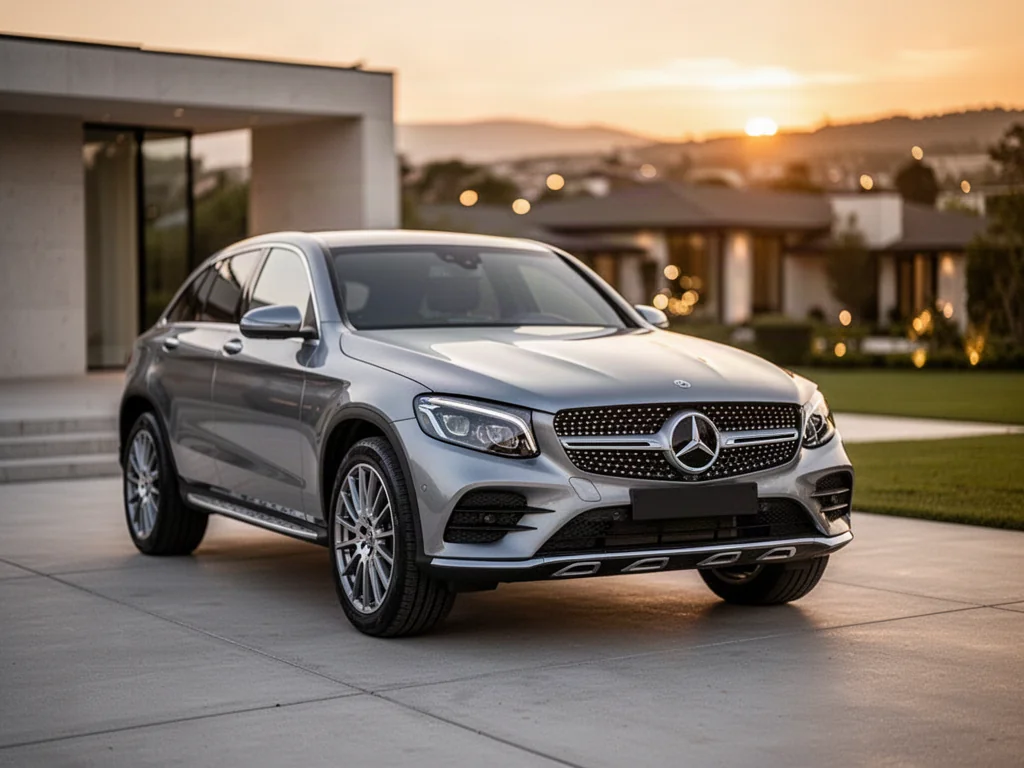 Srebrny Mercedes-Benz GLC zaparkowany na nowoczesnym podjeździe w świetle zachodzącego słońca.