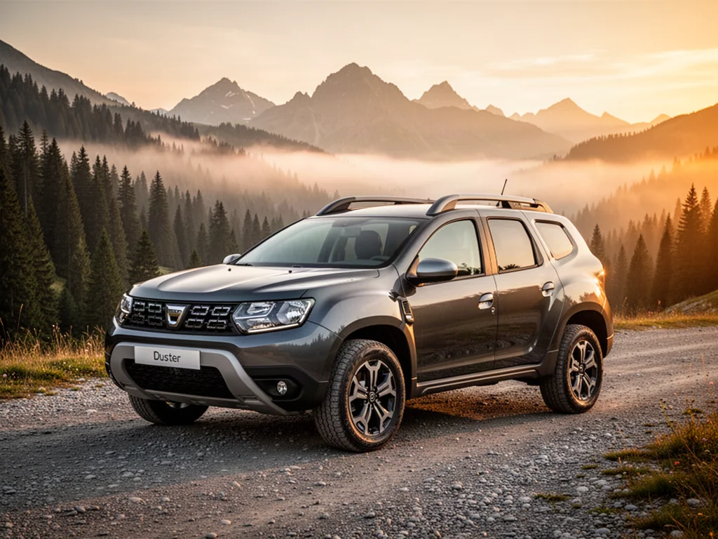 Szary Dacia Duster zaparkowany na żwirowej drodze w górach podczas zachodu słońca. Pojazd na tle malowniczego krajobrazu.