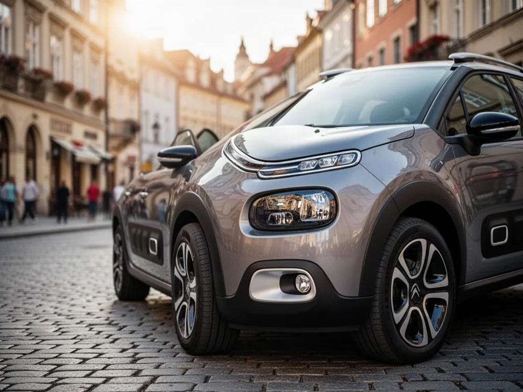 Nowoczesny Citroen C3 III zaparkowany na brukowanej ulicy w historycznym centrum miasta w świetle poranka.