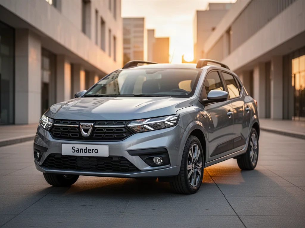 Srebrna Dacia Sandero III zaparkowana na nowoczesnej ulicy w świetle zachodzącego słońca.