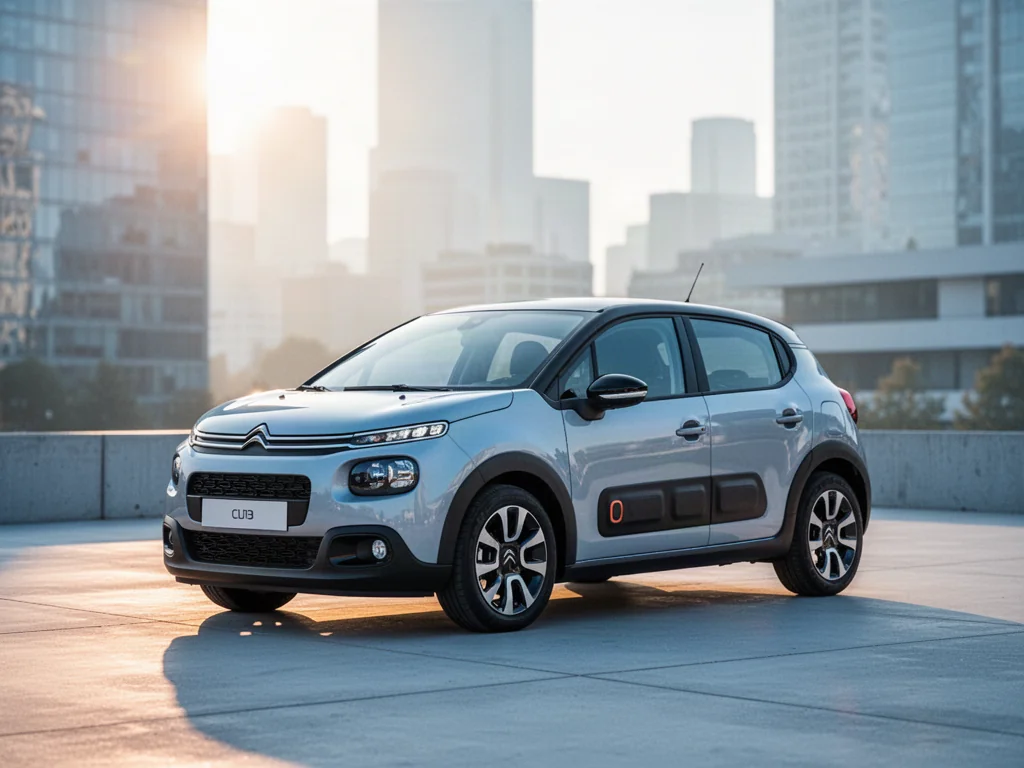 Nowoczesny Citroen C3 IV zaparkowany na minimalistycznym betonowym tle w świetle poranka.