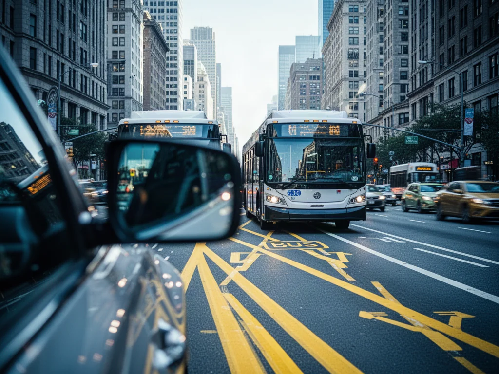 Nowoczesny autobus miejski jadący wyznaczonym buspasem na tle zabudowy, widziany z perspektywy kierowcy samochodu osobowego.