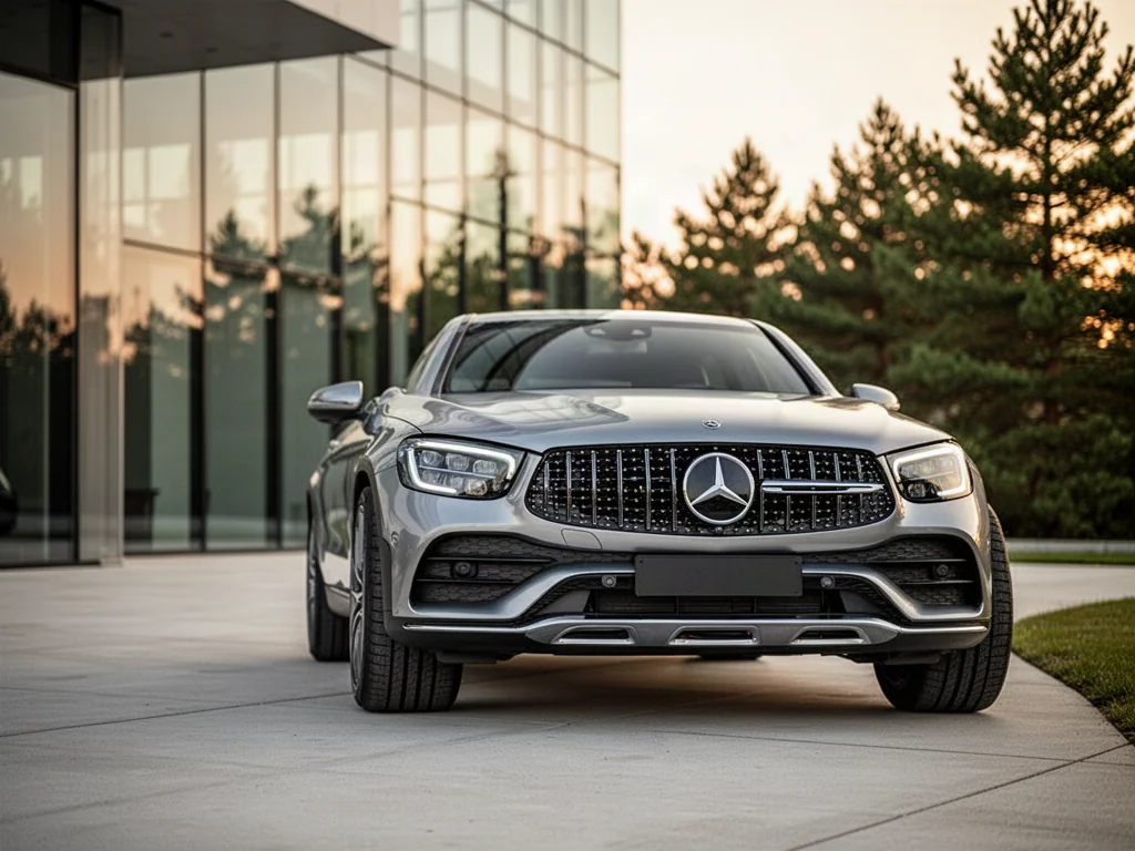 Srebrny Mercedes-Benz GLC zaparkowany na nowoczesnym podjeździe w świetle zachodzącego słońca.