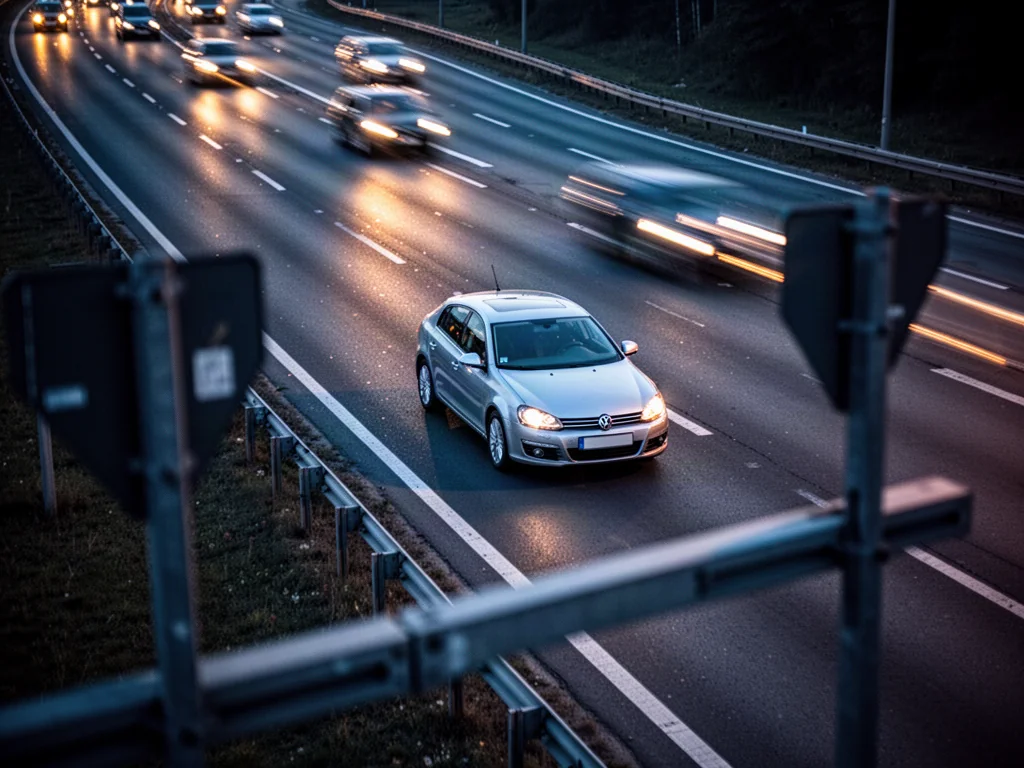 Srebrny samochód jadący pod prąd na wielopasmowej autostradzie o zmierzchu, z widocznymi światłami nadjeżdżających pojazdów.