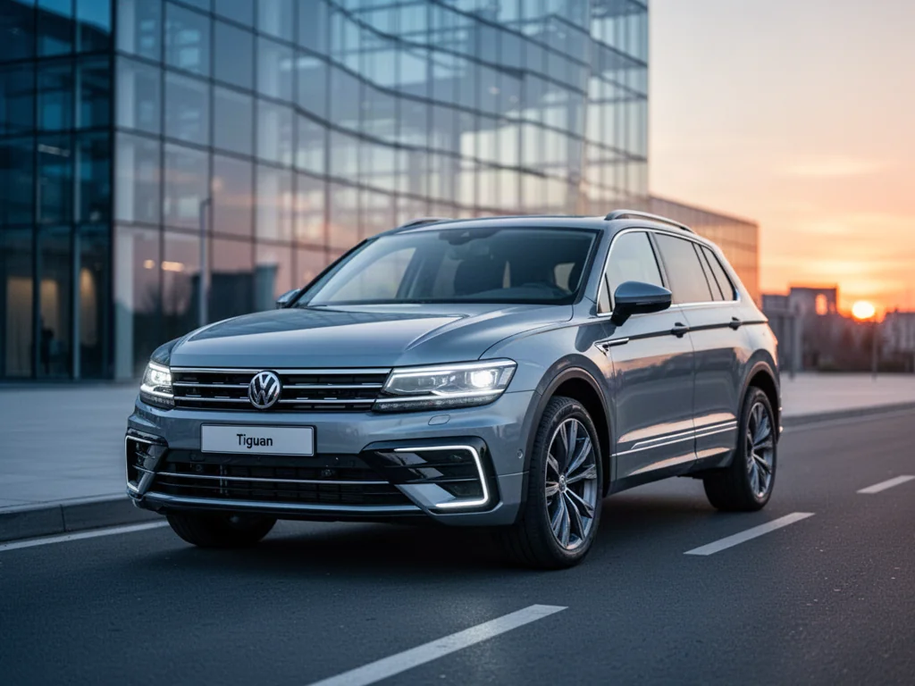 Srebrny Volkswagen Tiguan trzeciej generacji zaparkowany na tle nowoczesnej architektury w świetle zachodzącego słońca.