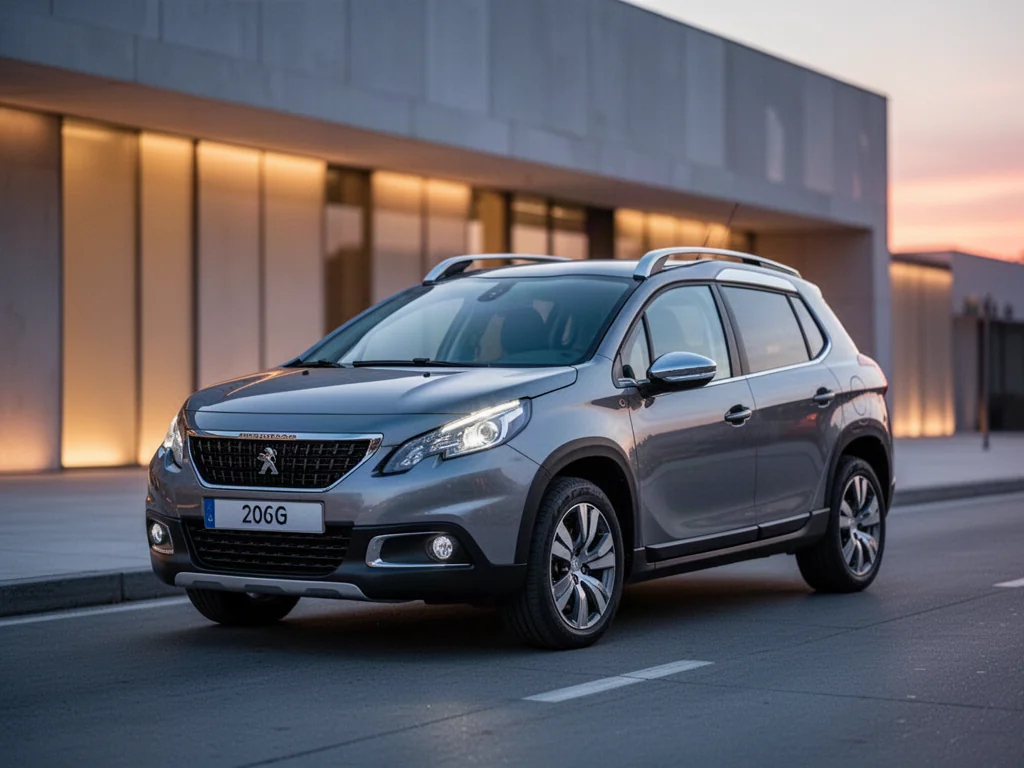 Srebrny Peugeot 2008 zaparkowany na nowoczesnej ulicy w świetle zachodzącego słońca.