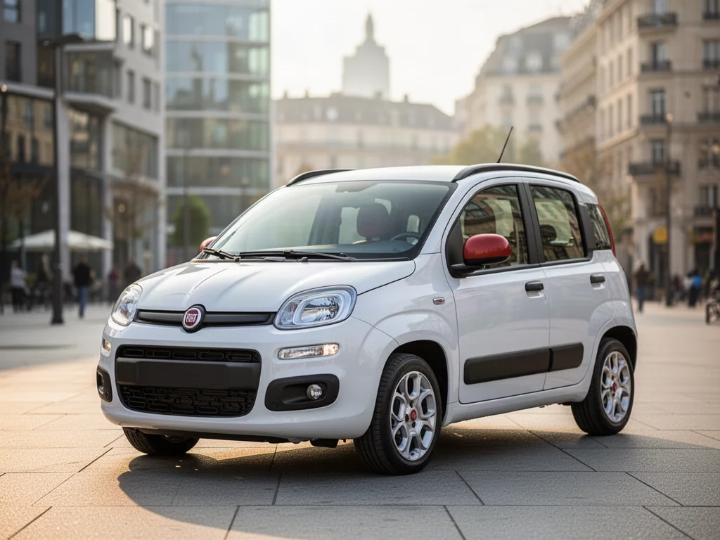 Biały Fiat Panda III zaparkowany na słonecznej ulicy europejskiego miasta, prezentujący swój kompaktowy design.