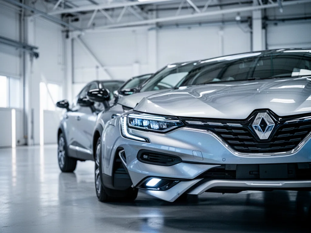 Nowoczesny crossover Renault Captur II w minimalistycznym garażu, wyeksponowany na detale przednich reflektorów LED.