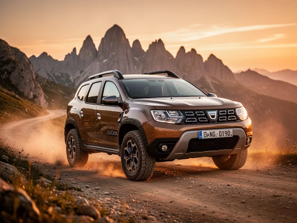 Nowa Dacia Duster jadąca po górskiej drodze w świetle zachodzącego słońca, podkreślająca jej terenowy charakter.